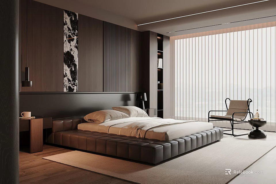 Modern Bedroom Interior With Leather Platform Bed Dark Wooden Wall And Floor to Ceiling Window 3d model 