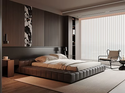 Modern Bedroom Interior With Leather Platform Bed Dark Wooden Wall And Floor to Ceiling Window 3d model
