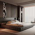 Modern Bedroom Interior With Leather Platform Bed Dark Wooden Wall And Floor to Ceiling Window