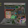 Vintage Urban Street Corner Scene With Old Wall Pink Vending Machine And Wooden Stall