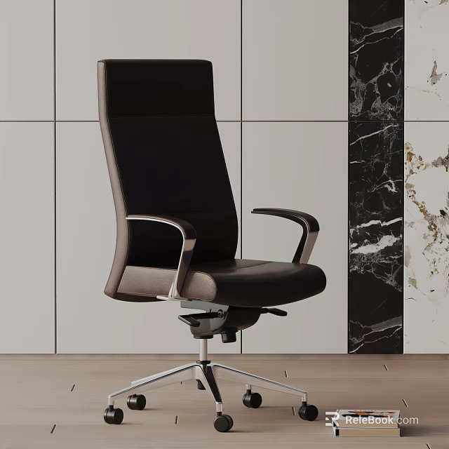 Modern High Back Black Leather Office Chair With Metal Armrests And Swivel Base 3d model 