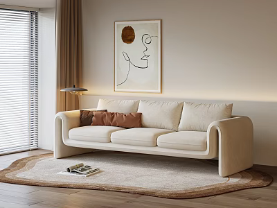 Ivory Three Seater Sofa with Brown Cushions on Light Rug Near Window and Minimalist Line Artwork 3d model