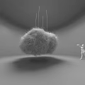Large White Fluffy Art Installation Suspended In Dark Room With Person Interacting