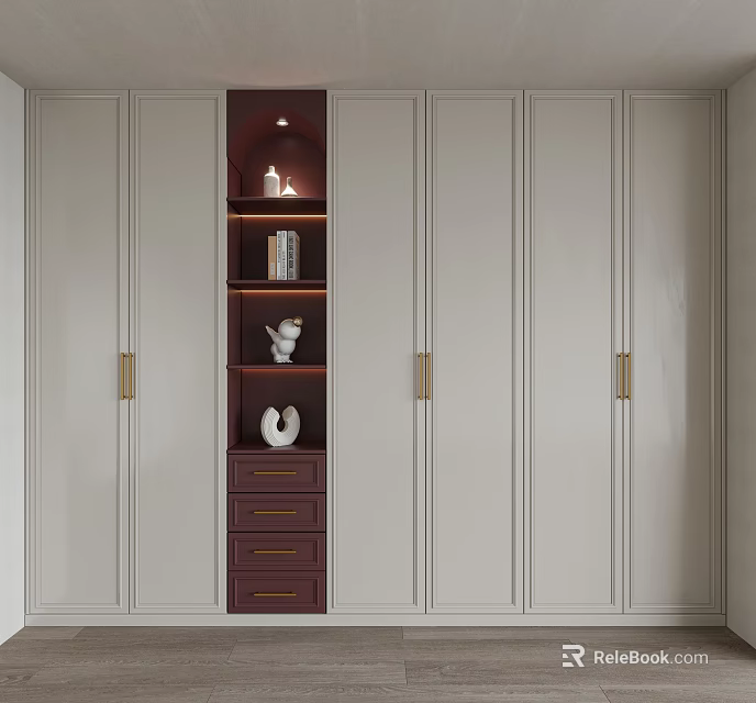 Modern Luxury Wardrobe With White Panels Dark Brown Open Shelf Drawers And Gold Handles 3d model 