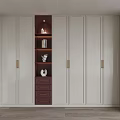 Modern Luxury Wardrobe With White Panels Dark Brown Open Shelf Drawers And Gold Handles