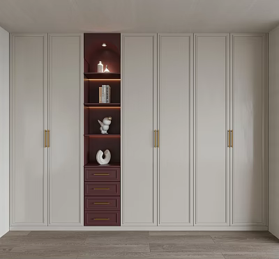 Modern Luxury Wardrobe With White Panels Dark Brown Open Shelf Drawers And Gold Handles 3d model