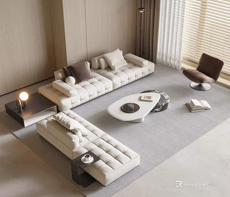 Modern Cream Sofa With Cushions And Round White Coffee Table Set In Minimalist Living Room 3d model 