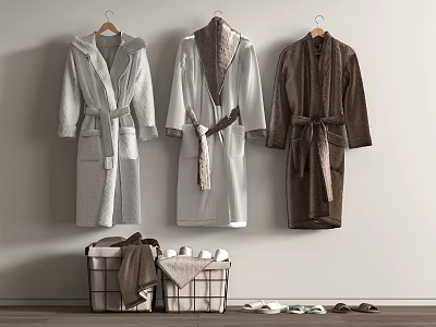Soft Bathrobes Hanging On Wall With Storage Baskets Towels And Slippers 3d model