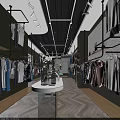 Modern Clothing Store Interior With Hanging Apparel Shelves And Herringbone Wooden Floor