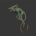 3D Rendered Mythical Teal And Gold Creature With Wings Sharp Teeth Long Tail