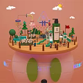Colorful Cartoon Scene On Circular Platform With Slide Trees House Green Bottle Clouds Sun