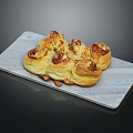 Savory Rolled Pastries Topped With Tomato Sauce On Marble Serving Board With Fresh Herbs