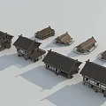 Traditional Residential Buildings With Various Sloped Roof Designs And Wooden Structures