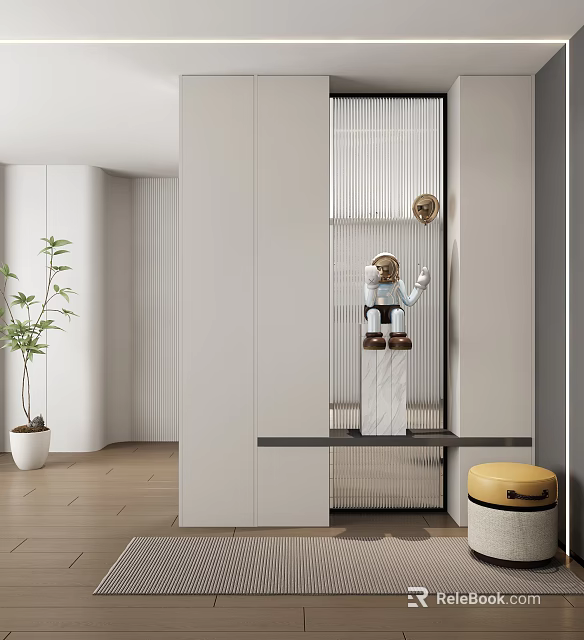 Modern Foyer Hallway Interior With Decorative Figurine Storage Cabinet And Potted Plant 3d model 
