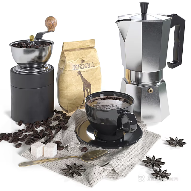 Essential Coffee Kitchen Tools Set With Moka Pot Grinder Cup Beans And Sugar 3d model 