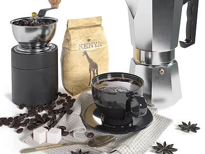 Essential Coffee Kitchen Tools Set With Moka Pot Grinder Cup Beans And Sugar 3d model