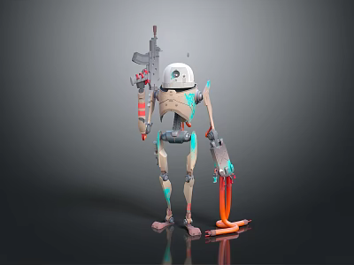 Sci Fi Robot Character With Skeleton Structure White Dome Head Gun Mechanical Parts And Orange Energy Effects 3d model
