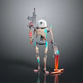 Sci Fi Robot Character With Skeleton Structure White Dome Head Gun Mechanical Parts And Orange Energy Effects