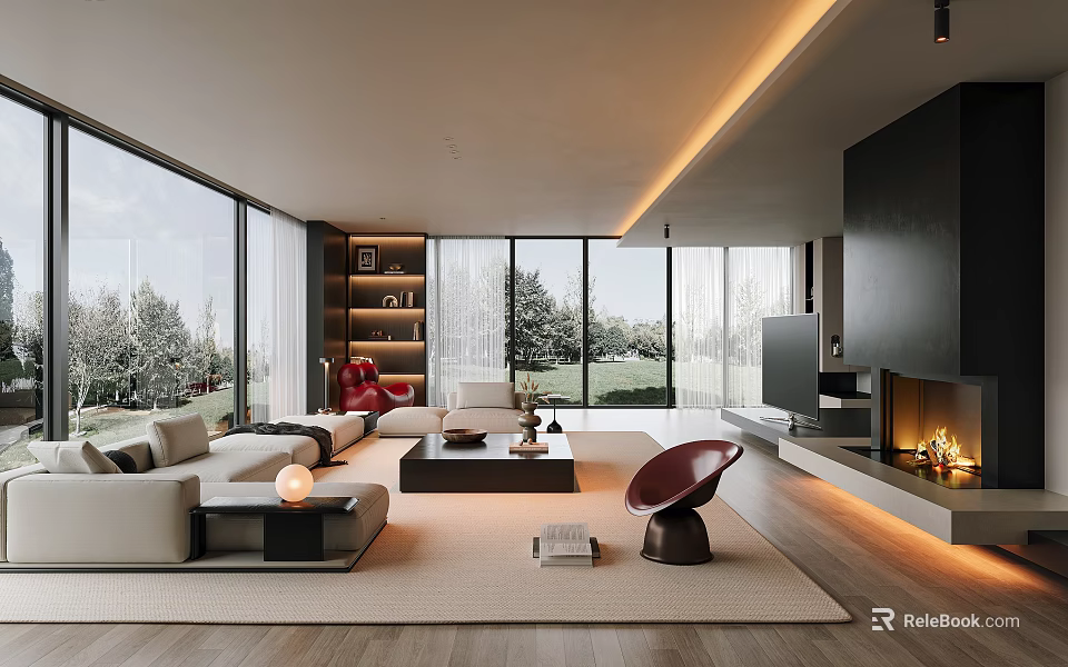 Modern Living Room Interior With Large Windows Sofa Coffee Table Red Chair And Fireplace 3d model 