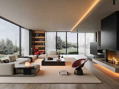 Modern Living Room Interior With Large Windows Sofa Coffee Table Red Chair And Fireplace 3d model