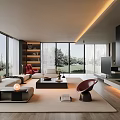 Modern Living Room Interior With Large Windows Sofa Coffee Table Red Chair And Fireplace