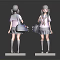 Realistic Schoolgirl Statues In Uniform With Backpack Purple Socks Front Back Views On Pedestals