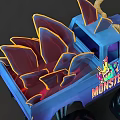 Blue Monster Truck with Large Tires Horns Sharp Teeth and Monster Text
