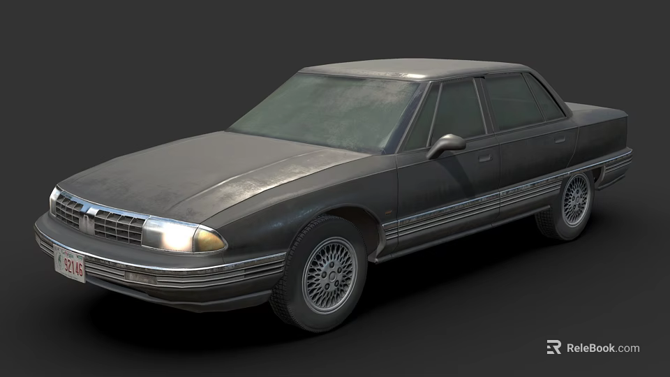 Vintage Dark Gray Sedan With Illuminated Headlights And Silver Rims 3d model 