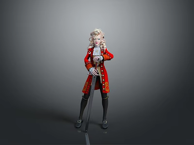 Man with Blonde Hair in Red Military Style Coat Holding Longsword Against Gray Background 3d model