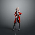 Man with Blonde Hair in Red Military Style Coat Holding Longsword Against Gray Background