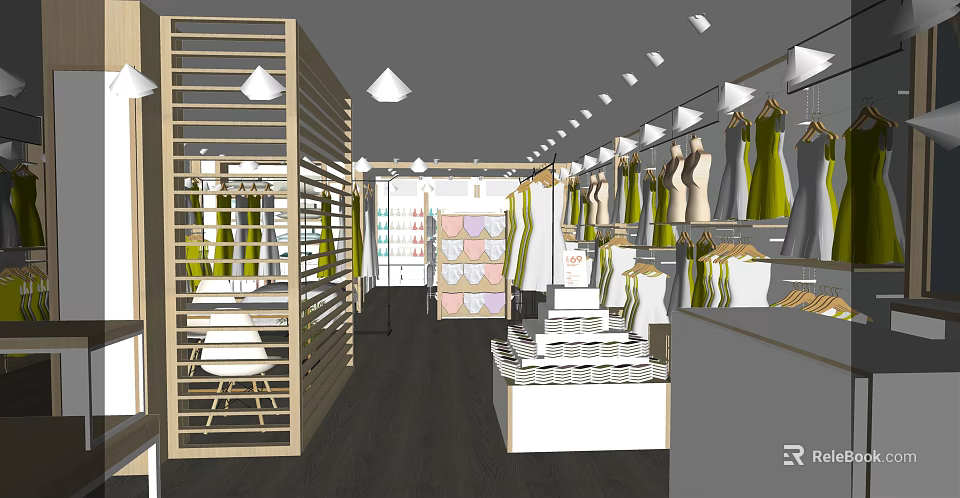 Modern Clothing Store Interior With Wooden Partitions Clothing Displays And Lighting Fixtures 3d model 