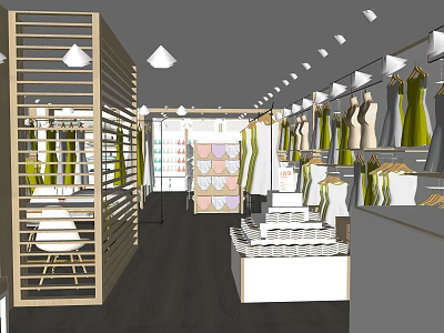 Modern Clothing Store Interior With Wooden Partitions Clothing Displays And Lighting Fixtures 3d model
