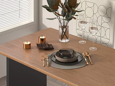 Elegant Tableware Set on Wooden Dining Table with Brass Cutlery Candles and Wine Glasses 3d model