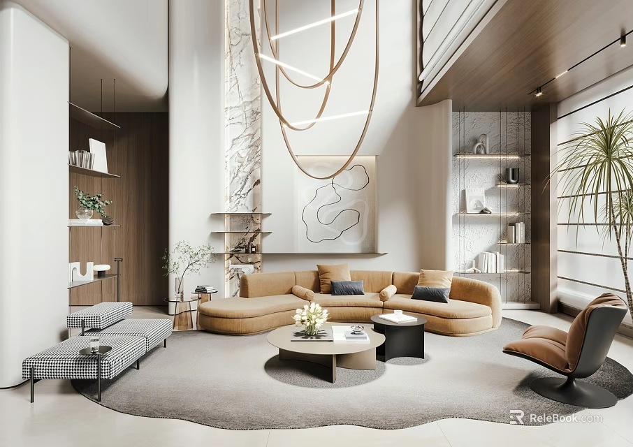 Modern Duplex Living Room Interior With Cozy Sofa Coffee Table And Chandelier 3d model 