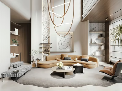 Modern Duplex Living Room Interior With Cozy Sofa Coffee Table And Chandelier 3d model