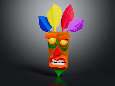 Tribal Mask Character With Colorful Feather Decorations Orange Body Green Eyes And Sharp Teeth 3d model