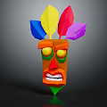 Tribal Mask Character With Colorful Feather Decorations Orange Body Green Eyes And Sharp Teeth