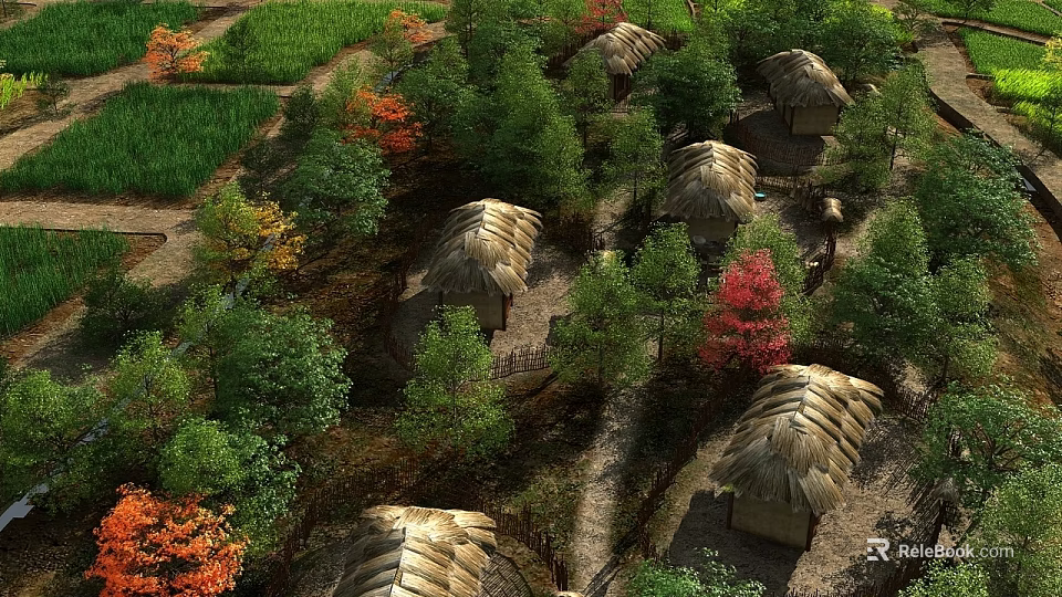 Rural Village Landscape With Thatched Huts Winding Paths Green Fields And Colorful Trees 3d model 