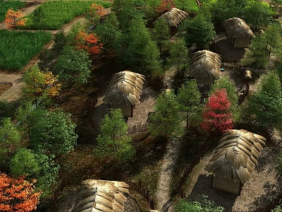Rural Village Landscape With Thatched Huts Winding Paths Green Fields And Colorful Trees 3d model