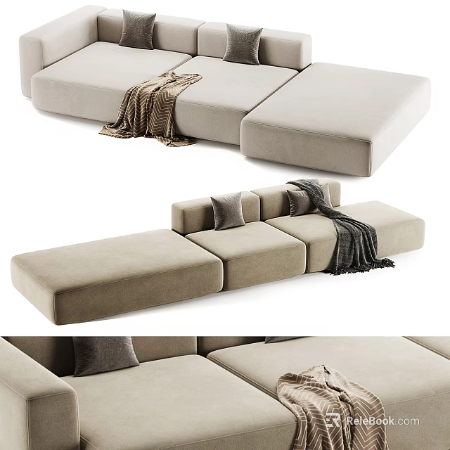 Modern Beige Sectional Sofa with Soft Fabric Throw Blanket and Decorative Pillows 3d model 