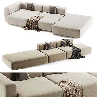 Modern Beige Sectional Sofa with Soft Fabric Throw Blanket and Decorative Pillows 3d model