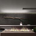 Modern Elegant Reception Desk With Fireplace Wooden Branch Decoration And Dark Textured Wall