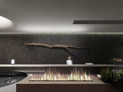 Modern Elegant Reception Desk With Fireplace Wooden Branch Decoration And Dark Textured Wall 3d model