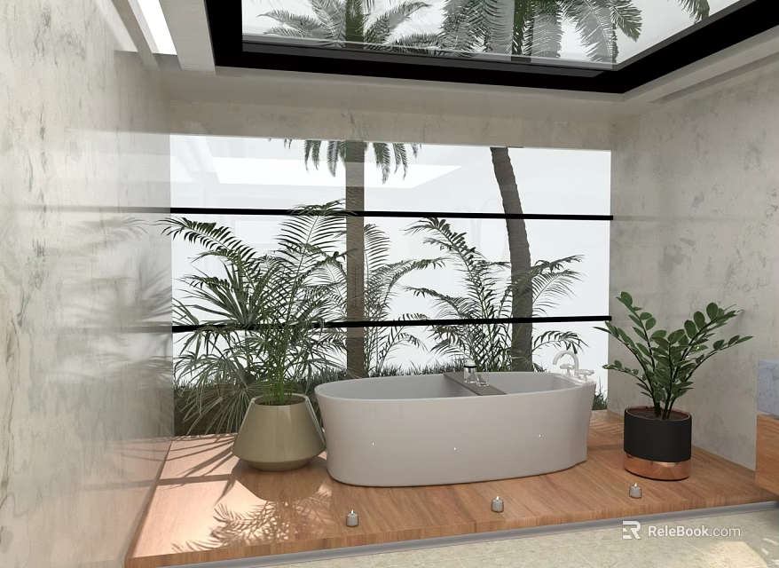 Modern Bathroom Interior Featuring White Bathtub Large Windows And Palm Trees 3d model 