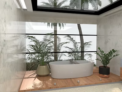 Modern Bathroom Interior Featuring White Bathtub Large Windows And Palm Trees 3d model
