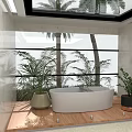 Modern Bathroom Interior Featuring White Bathtub Large Windows And Palm Trees