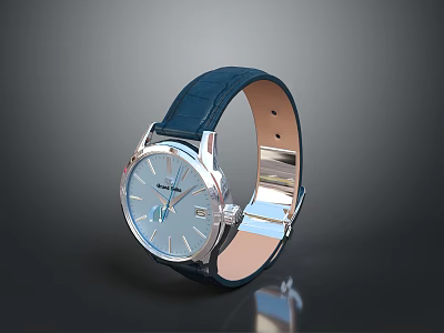 Elegant Fashion Watch With Blue Leather Strap And Silver Dial Design 3d model