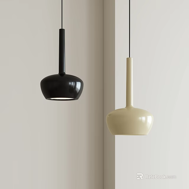 Two Modern Pendant Lights in Black and Beige Hanging Against White Wall 3d model 