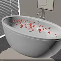 White Freestanding Bathtub with Water and Red Petals Near Window Blinds and Painting