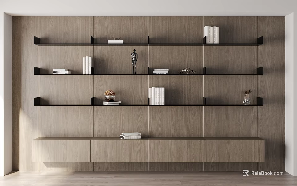 Modern Wall Mounted Bookshelf With Light Wood Black Brackets Multiple Shelves Books And Decorative Items 3d model 
